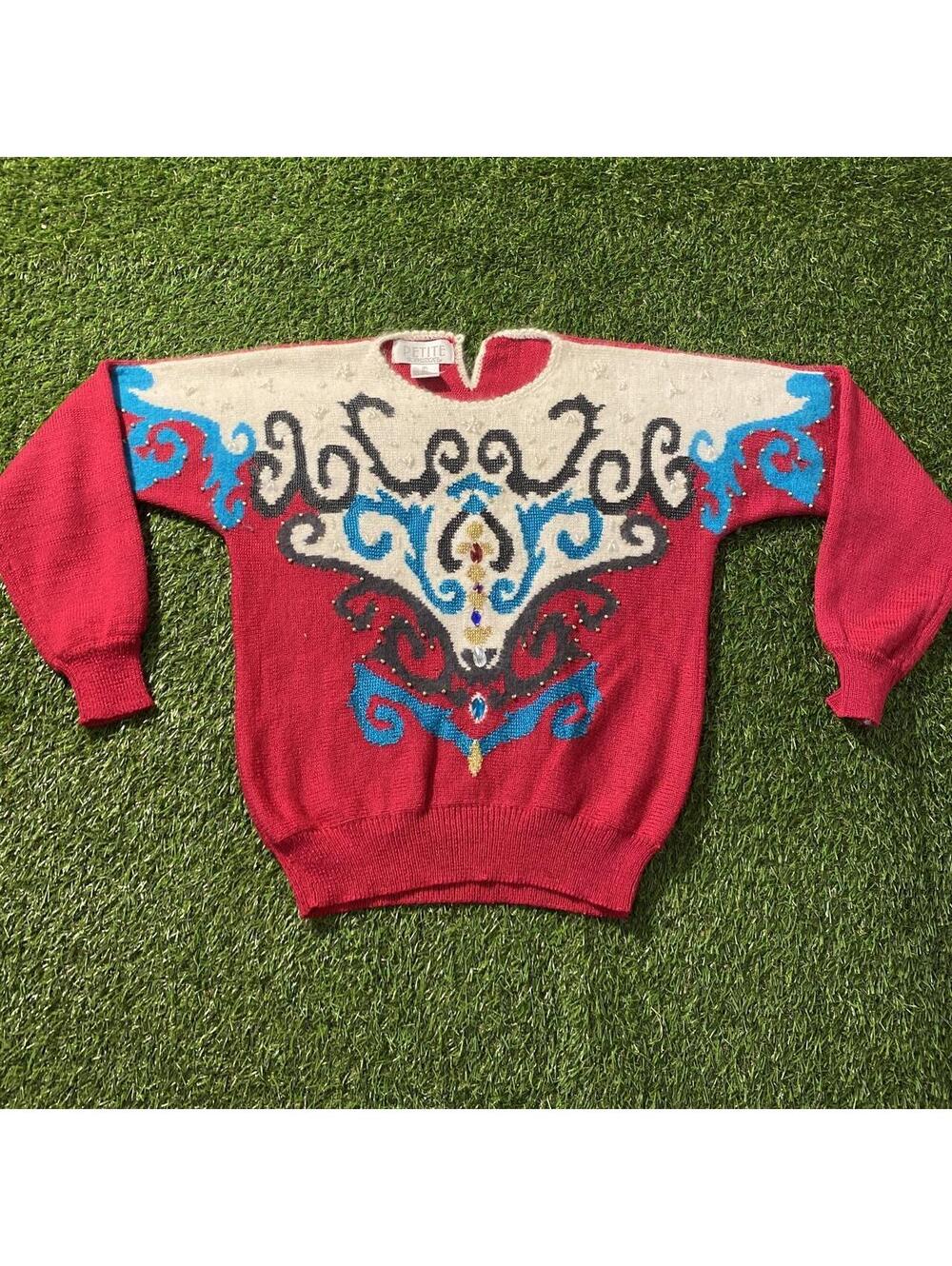Vintage 90’s Petite Sophisticate Red & blue vintage sweater with a unique design
